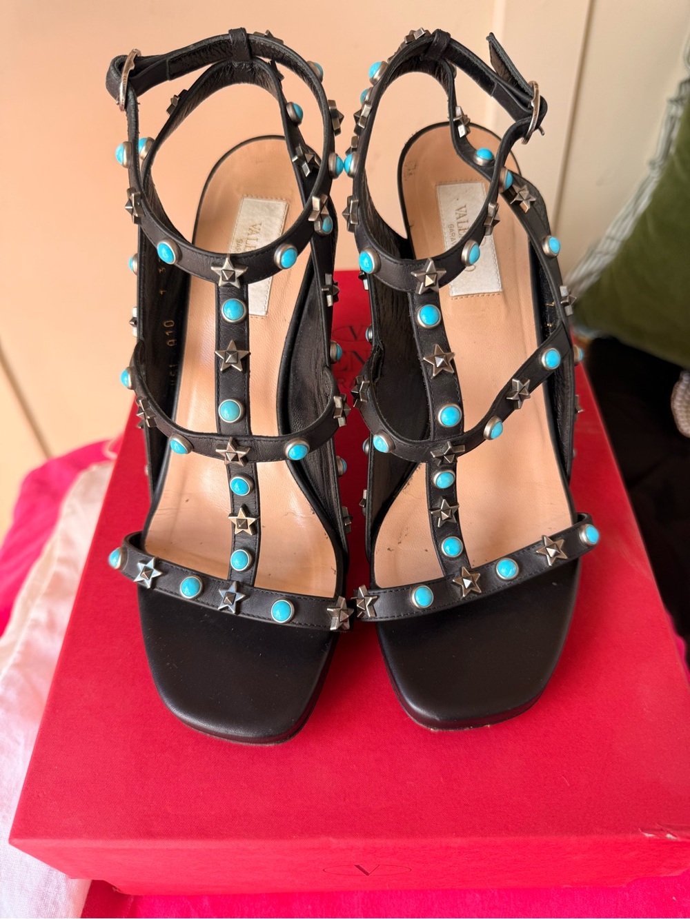 Valentino Black Leather Studded T-Strap Heels with Turquoise Accents